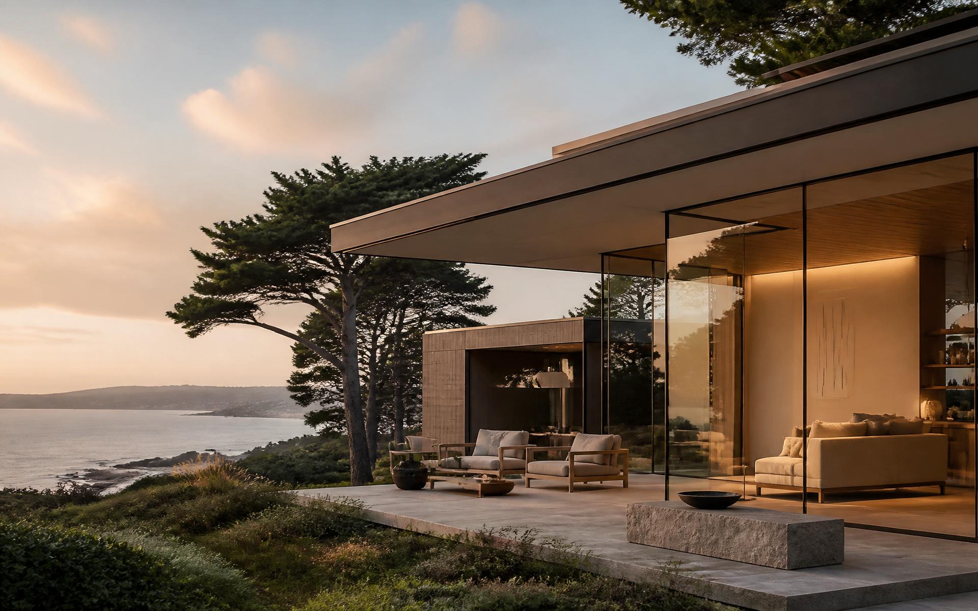 Modern glass and wood luxury home on a Monterey County coastal bluff at golden hour